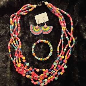 Colorful Beaded Multi-Strand Necklace Set with Earrings and Bracelet 24-30"